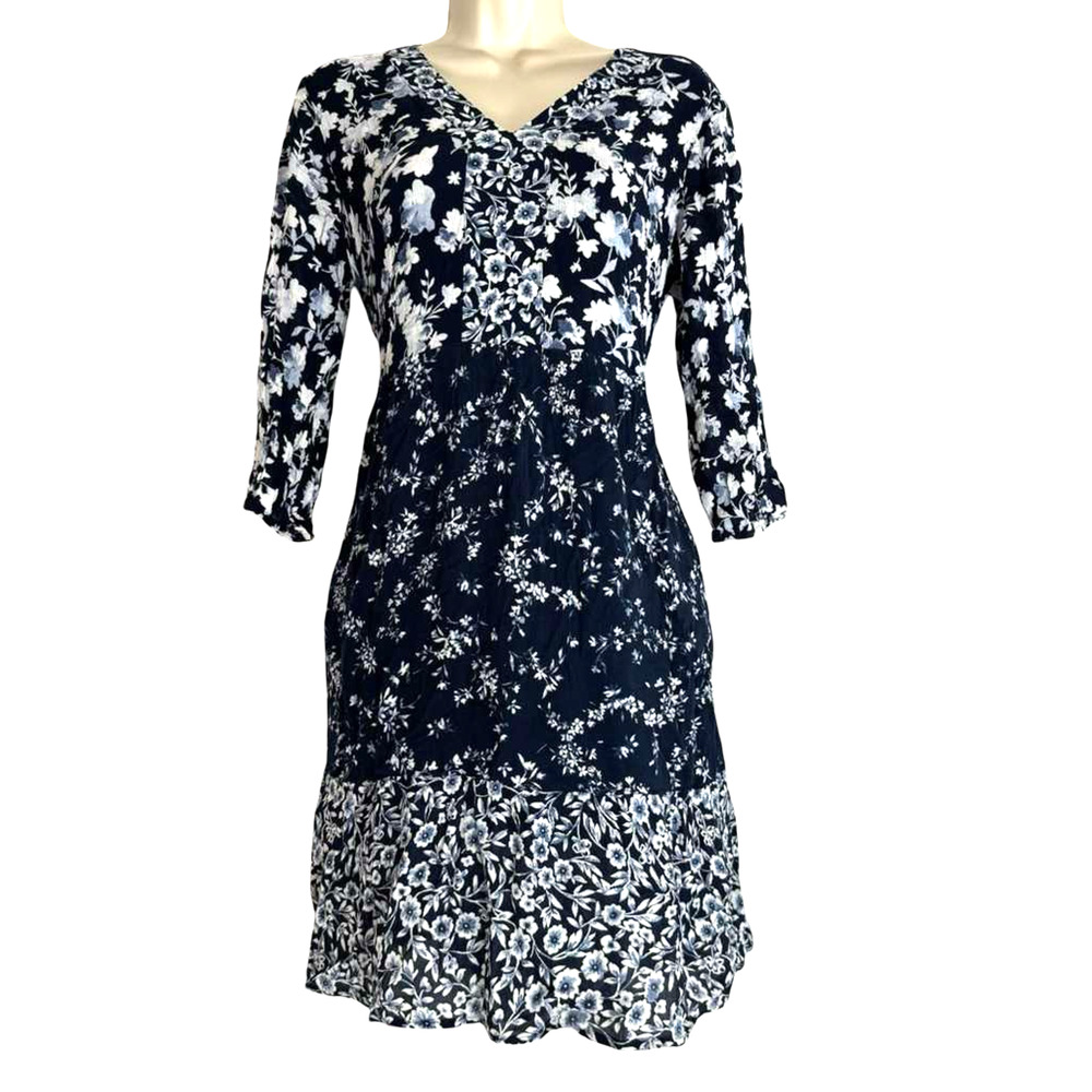 J Jill Womens Navy Floral V-Neck 3/4 Sleeve Mini Rayon Casual Summer Dress sz S